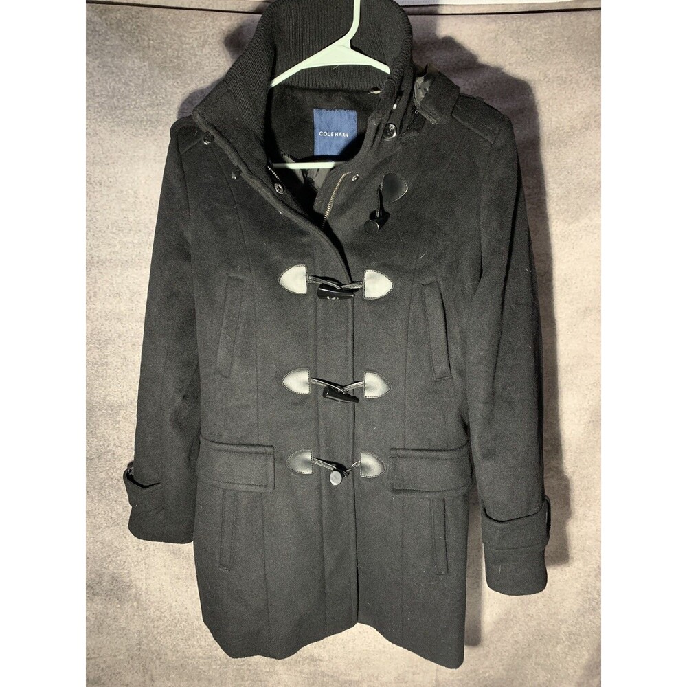 Cole Haan Wool Blend Women's Black Hooded Toggle Pea Coat